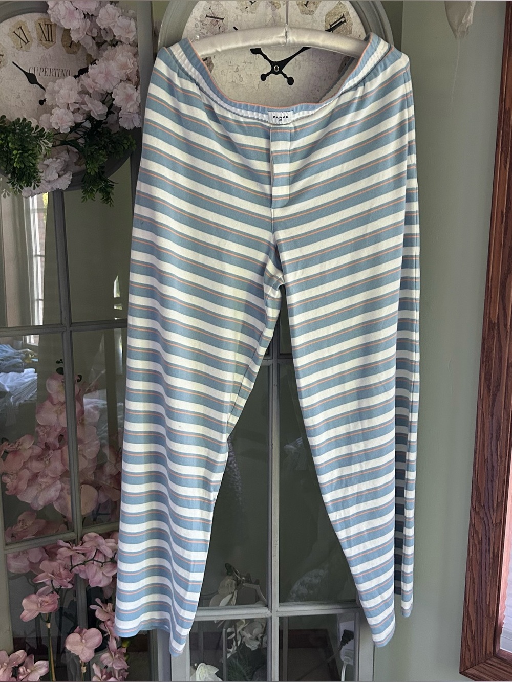 PARKE X TARGET High-Rise Boxer Knit Pants Light Blue/Cream/ Orange Stripe Sz L